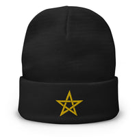 Black cuffed beanie with Wiccan Woven Pentagram embroidered artwork, front view