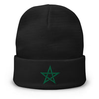 Black cuffed beanie with Wiccan Woven Pentagram embroidered artwork, front view