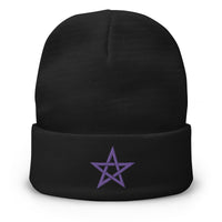 Black cuffed beanie with Wiccan Woven Pentagram embroidered artwork, front view
