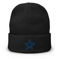 Black cuffed beanie with Wiccan Woven Pentagram embroidered artwork, front view