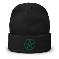 Black cuffed beanie with Wiccan Witchcraft Pentagram embroidered artwork, front view