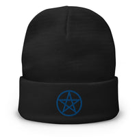 Black cuffed beanie with Wiccan Witchcraft Pentagram embroidered artwork, front view