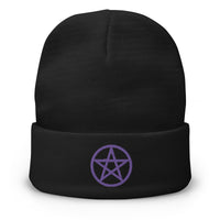 Black cuffed beanie with Wiccan Witchcraft Pentagram embroidered artwork, front view