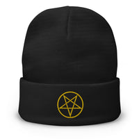 Black cuffed beanie with Woven Inverted Pentagram embroidered artwork, front view