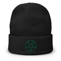 Black cuffed beanie with Woven Inverted Pentagram embroidered artwork, front view
