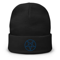 Black cuffed beanie with Woven Inverted Pentagram embroidered artwork, front view