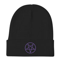 Black cuffed beanie with Woven Inverted Pentagram embroidered artwork, front view