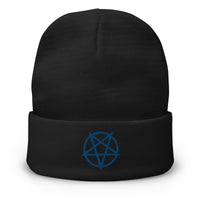 Black cuffed beanie with Inverted Pentagram embroidered artwork, front view