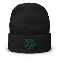 Black cuffed beanie with Inverted Pentagram embroidered artwork, front view