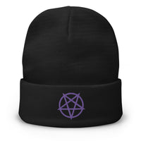 Black cuffed beanie with Inverted Pentagram embroidered artwork, front view