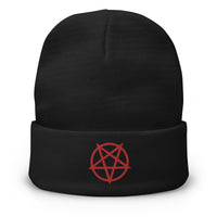 Black cuffed beanie with Inverted Pentagram embroidered artwork, front view