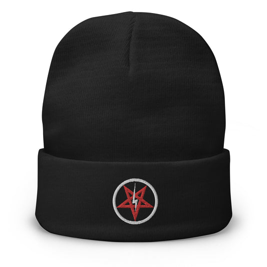 Black cuffed beanie with Lightning Bolt Inverted Pentagram embroidered artwork, front view