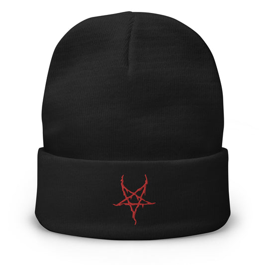 Black cuffed beanie with Black Metal Inverted Pentagram embroidered artwork, front view