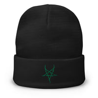 Black cuffed beanie with Black Metal Inverted Pentagram embroidered artwork, front view