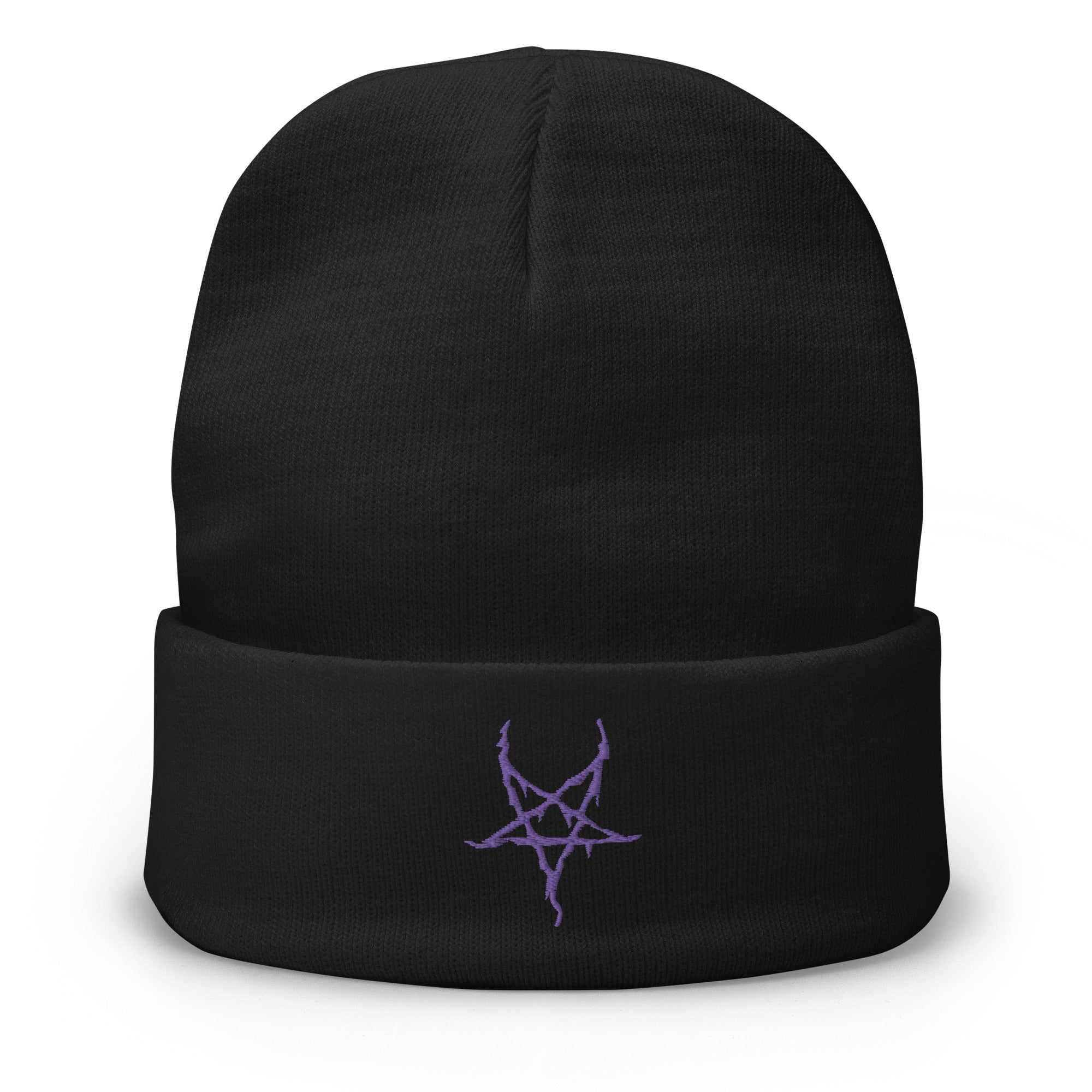 Black Metal Style Inverted Pentagram Embroidered Cuff Beanie Satanic Ritual - Edge of Life Designs
