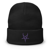 Black cuffed beanie with Black Metal Inverted Pentagram embroidered artwork, front view