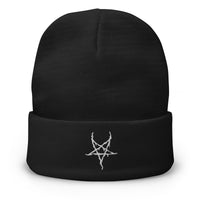 Black cuffed beanie with Black Metal Inverted Pentagram embroidered artwork, front view