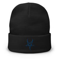 Black cuffed beanie with Black Metal Inverted Pentagram embroidered artwork, front view