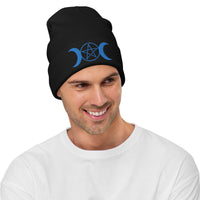 Black cuffed beanie with Pagan Triple Moon Goddess embroidered artwork, front view