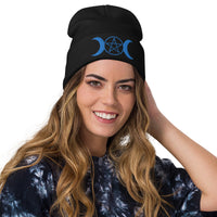 Black cuffed beanie with Pagan Triple Moon Goddess embroidered artwork, front view