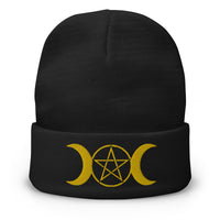 Black cuffed beanie with Pagan Triple Moon Goddess embroidered artwork, front view