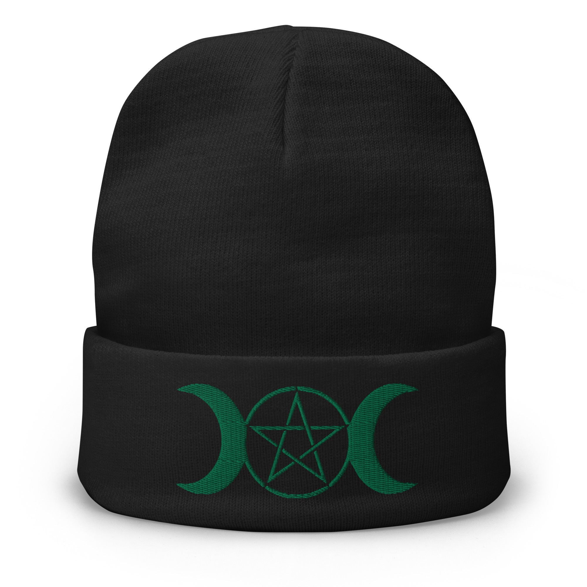 Pagan Triple Moon Goddess Symbol Embroidered Cuff Beanie Wiccan Pentagram - Edge of Life Designs
