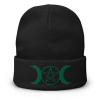 Black cuffed beanie with Pagan Triple Moon Goddess embroidered artwork, front view