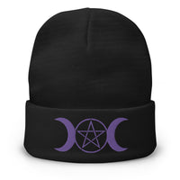 Black cuffed beanie with Pagan Triple Moon Goddess embroidered artwork, front view