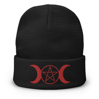 Black cuffed beanie with Pagan Triple Moon Goddess embroidered artwork, front view