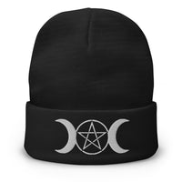 Black cuffed beanie with Pagan Triple Moon Goddess embroidered artwork, front view