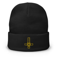 Black cuffed beanie with Pentacross Inverted Pentagram Cross embroidered artwork, front view