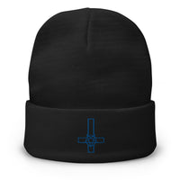 Black cuffed beanie with Pentacross Inverted Pentagram Cross embroidered artwork, front view