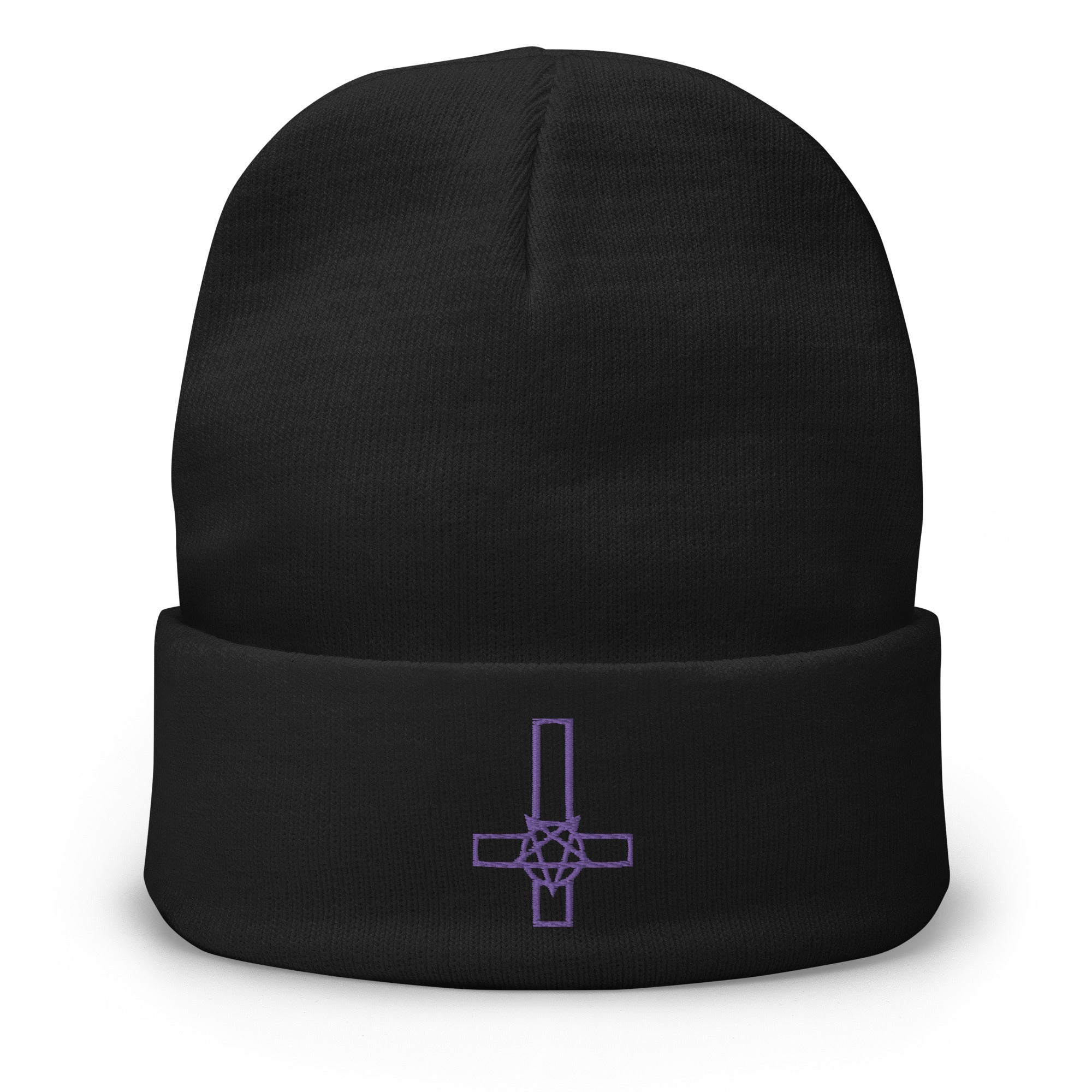 Pentacross Inverted Pentagram Cross Embroidered Cuff Beanie Satanic Ritual - Edge of Life Designs