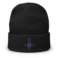 Black cuffed beanie with Pentacross Inverted Pentagram Cross embroidered artwork, front view