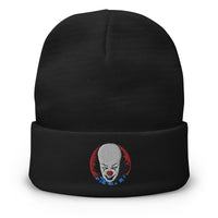Black cuffed beanie with Pennywise The Evil Clown embroidered artwork, front view