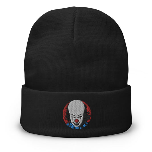 Black cuffed beanie with Pennywise The Evil Clown embroidered artwork, front view