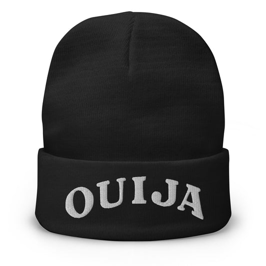 Black cuffed beanie with Ouija Spirit Board Words embroidered artwork, front view