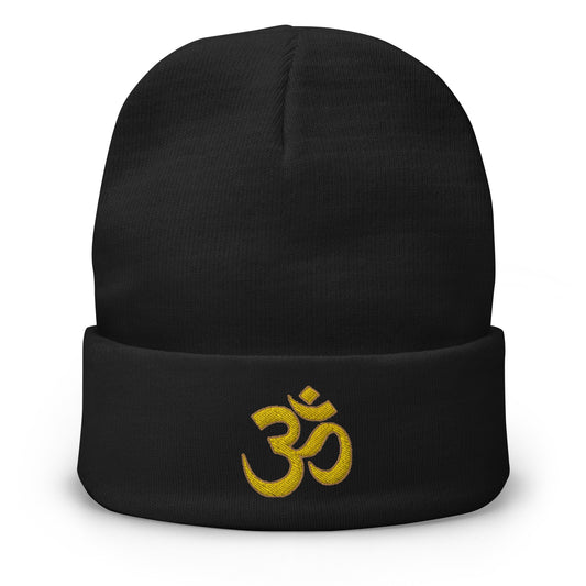Black cuffed beanie with OM Sacred Spiritual embroidered artwork, front view