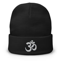 Black cuffed beanie with OM Sacred Spiritual embroidered artwork, front view
