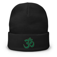 Black cuffed beanie with OM Sacred Spiritual embroidered artwork, front view