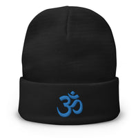 Black cuffed beanie with OM Sacred Spiritual embroidered artwork, front view