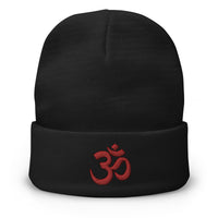 Black cuffed beanie with OM Sacred Spiritual embroidered artwork, front view