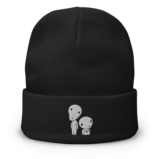 Black cuffed beanie with Kodama Forest Spirits Tree Spirit embroidered artwork, front view