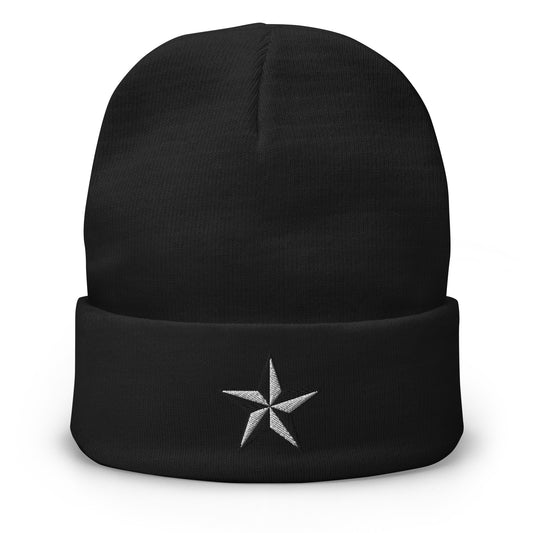 Black cuffed beanie with Nautical Star North Star embroidered artwork, front view