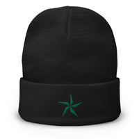 Black cuffed beanie with Nautical Star North Star embroidered artwork, front view