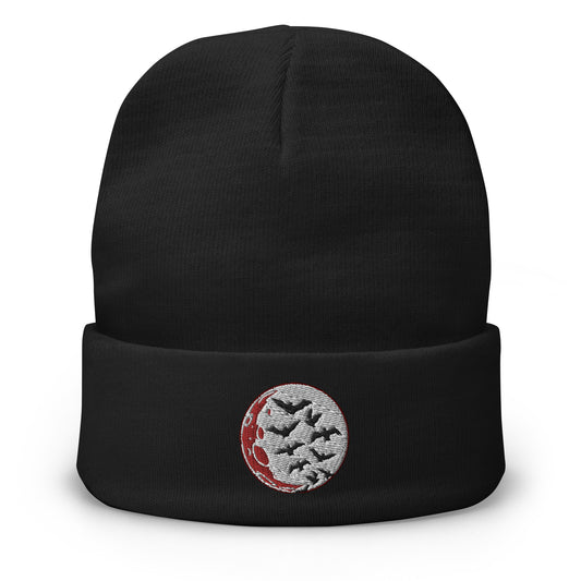 Black cuffed beanie with Flying Bats over Blood Moon embroidered artwork, front view