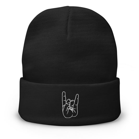 Black cuffed beanie with The Sign of the Horns embroidered artwork, front view
