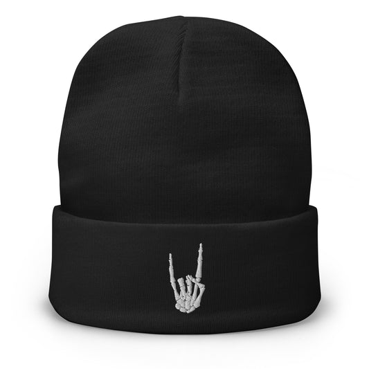 Black cuffed beanie with Devil Horns Bone Hand embroidered artwork, front view