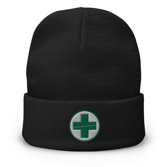 Black cuffed beanie with Medical Marijuana embroidered artwork, front view