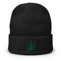 Black cuffed beanie with Legalize Marijuana Cannabis Pot Leaf embroidered artwork, front view